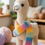 A handmade crocheted llama with a colorful striped scarf stands on a table near pink yarn and a crochet hook in a cozy room setting.