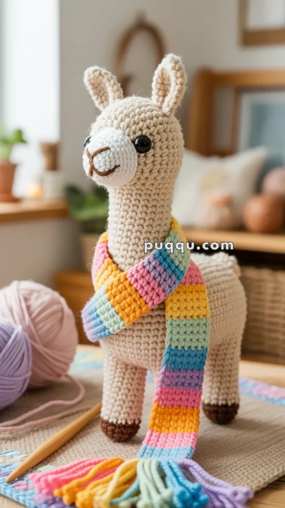 A handmade crocheted llama with a colorful striped scarf stands on a table near pink yarn and a crochet hook in a cozy room setting.