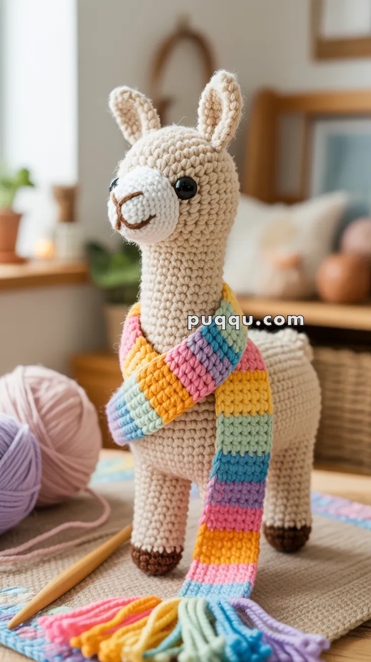 A handmade crocheted llama with a colorful striped scarf stands on a table near pink yarn and a crochet hook in a cozy room setting.