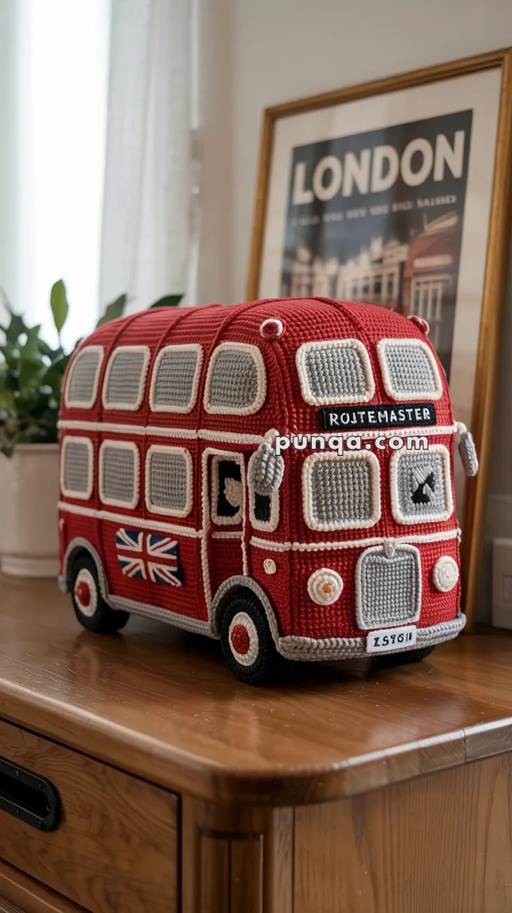 A crocheted model of a red double-decker bus with the word "ROUTEMASTER" on the front, featuring detailed windows and wheels, sitting on a wooden surface with a framed London poster in the background.
