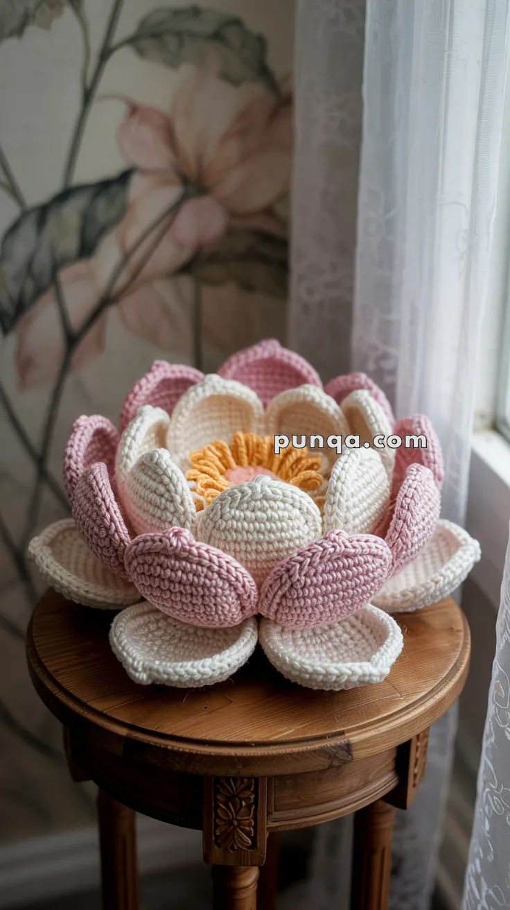 A crocheted lotus flower with pink and white petals and a yellow center, placed on a round wooden stool in front of a floral wallpaper backdrop.