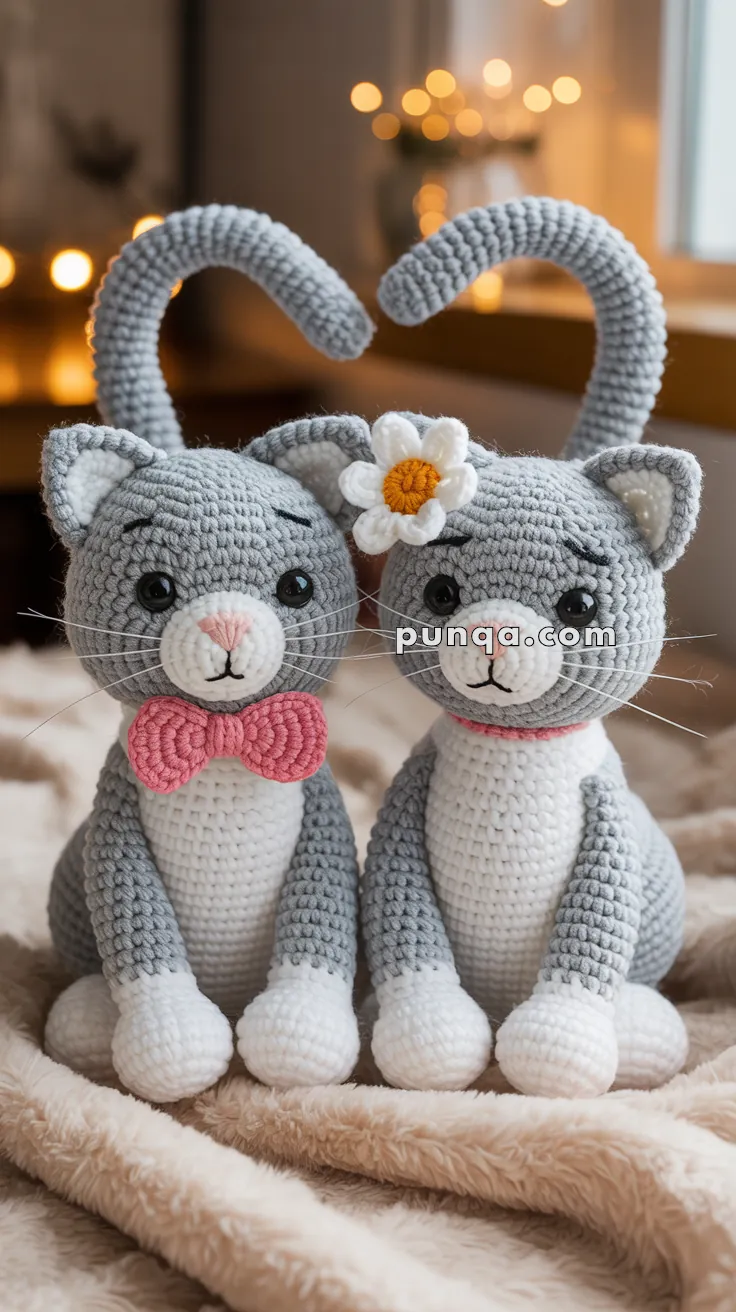 Two crocheted gray and white cats sitting side by side on a beige blanket; one wears a pink bow tie and the other has a white flower with a yellow center by its ear.