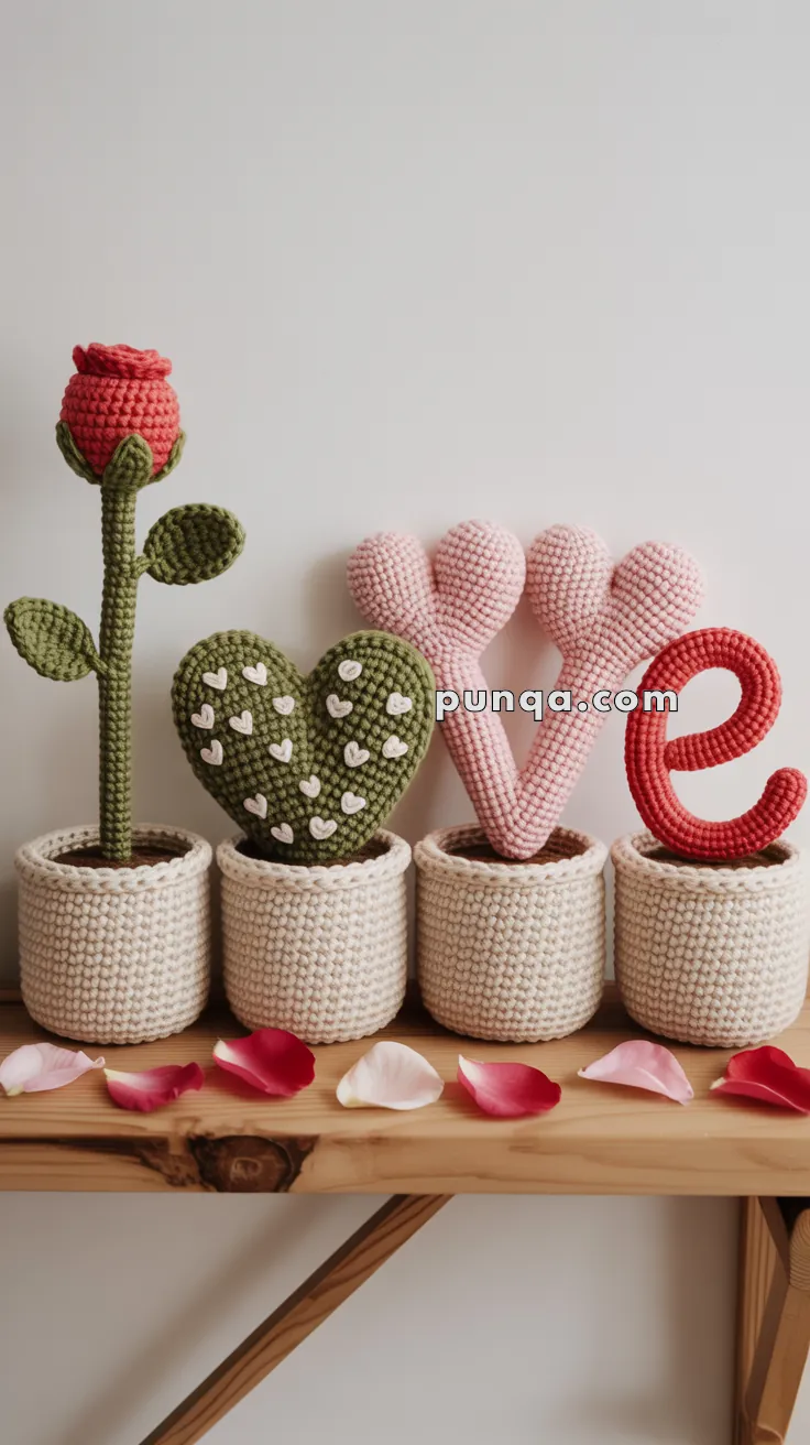 A display of crochet decor spelling the word "love" in individual pots: a red rose, a green heart with white hearts, two pink hearts forming the letter V, and a red letter E.