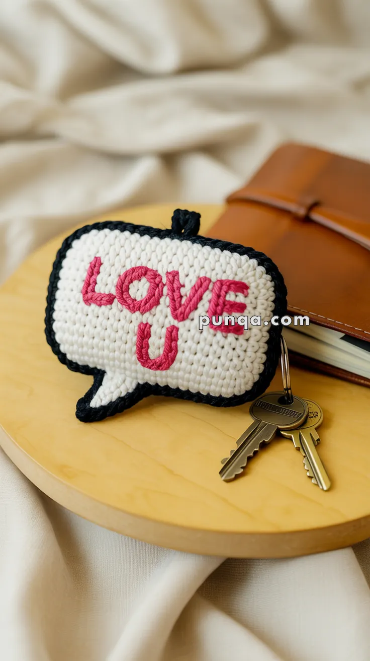 A crocheted speech bubble keychain with the words "LOVE U" in pink letters, placed on a wooden surface next to a notebook and two keys.