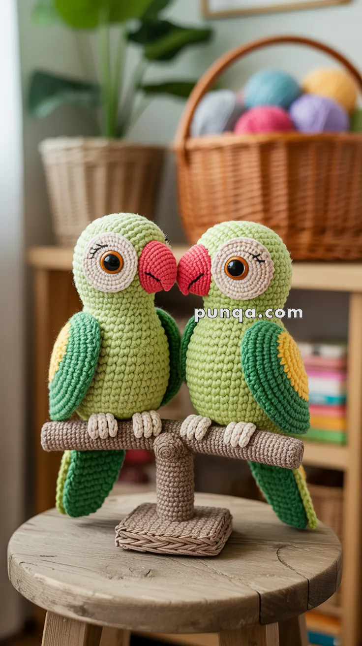 Two crocheted parrot figures with green bodies, yellow wing patches, and red beaks, perched on a yarn-covered stand, with a basket of colorful yarn balls in the blurred background.