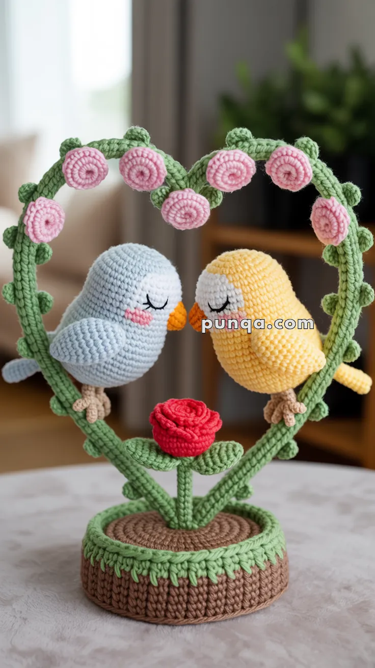 A crocheted artwork featuring two birds, one blue and one yellow, perched on a green heart-shaped frame adorned with pink roses. The birds are kissing, positioned above a red crocheted rose, all set on a brown circular base.
