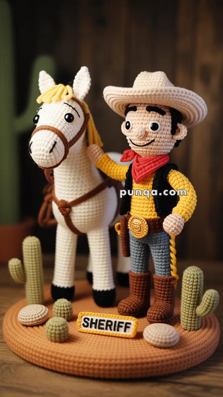 A crocheted figure of a sheriff, complete with a hat and badge, stands beside a white horse on a brown circular base adorned with crocheted cacti and rocks, with a "Sheriff" sign in front.