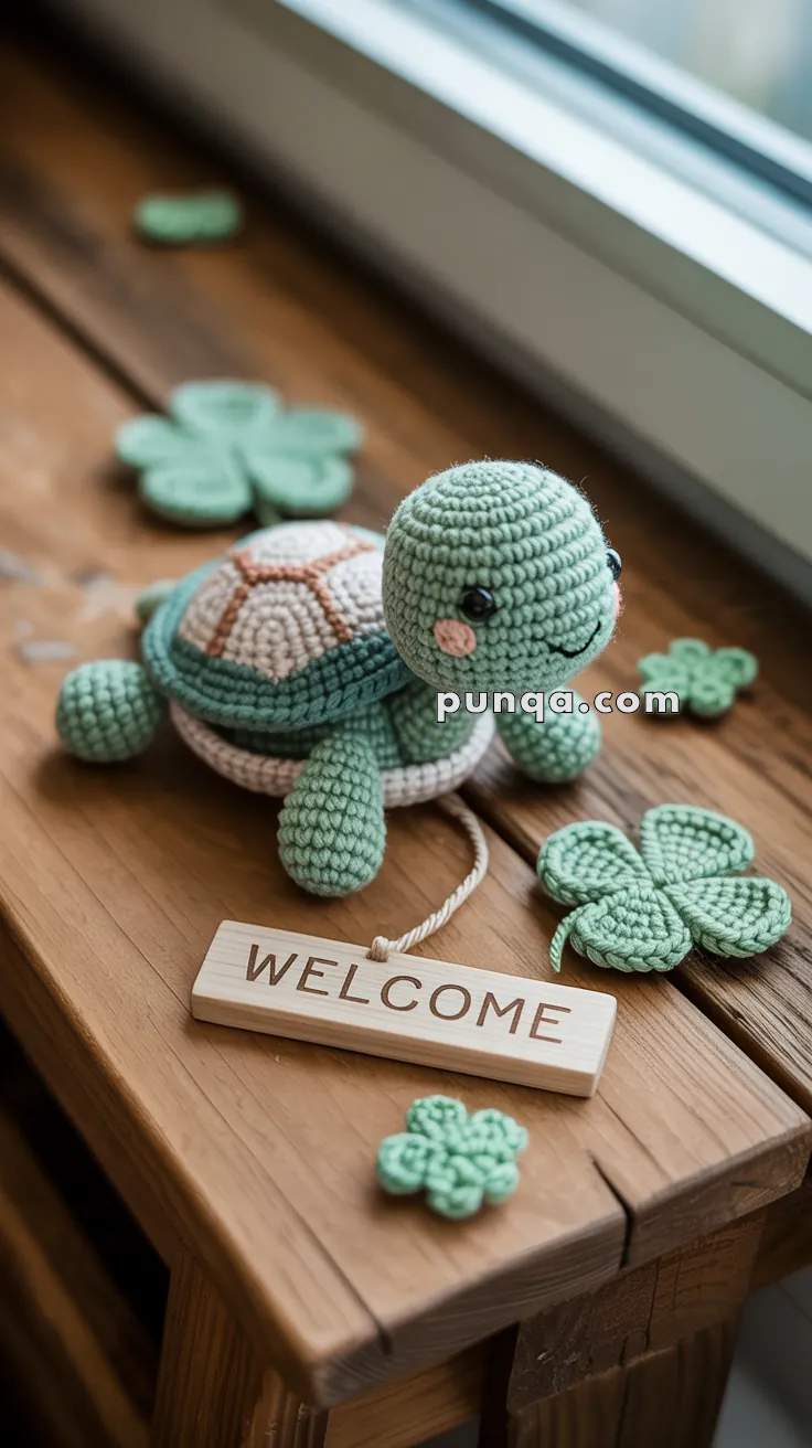 A crocheted turtle toy sits on a wooden surface surrounded by crocheted four-leaf clovers and a small "Welcome" sign.