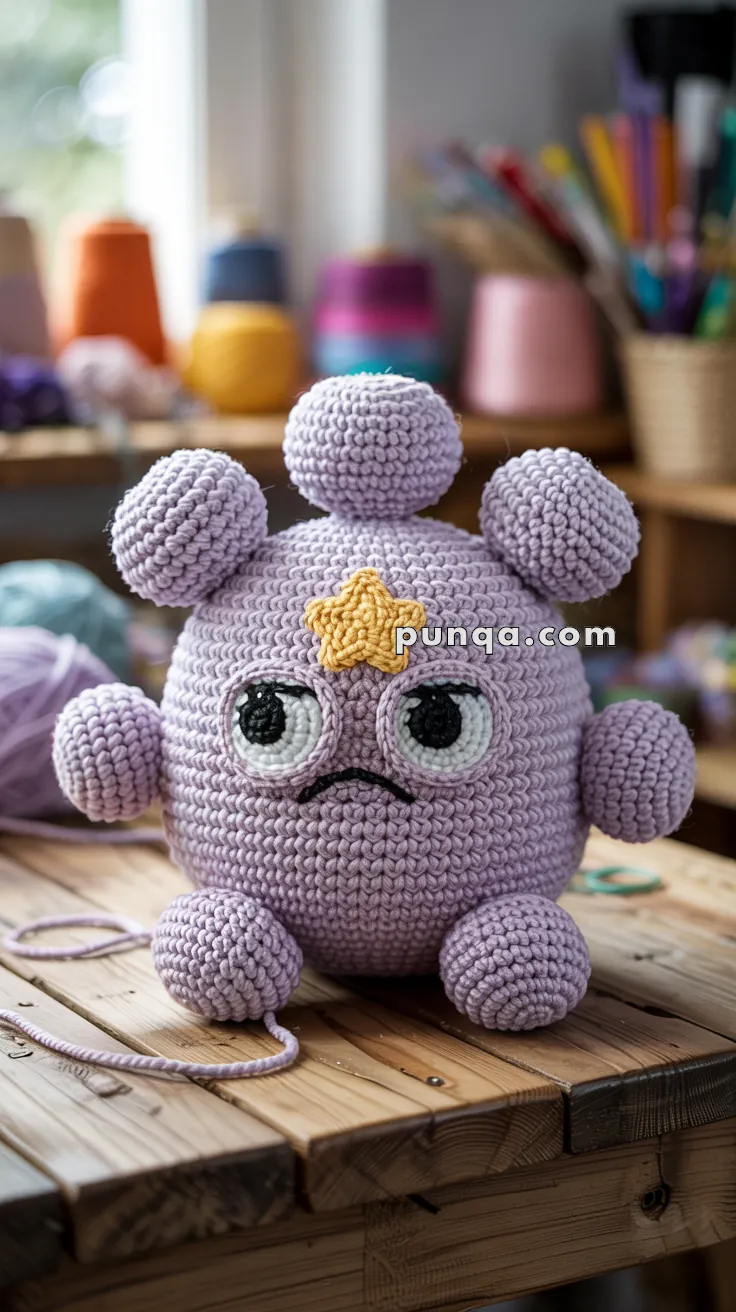 A crocheted plush resembling a purple cartoon-style character with a star on its forehead, large eyes, and several round appendages, sitting on a wooden table with various yarns and crafting supplies in the background.