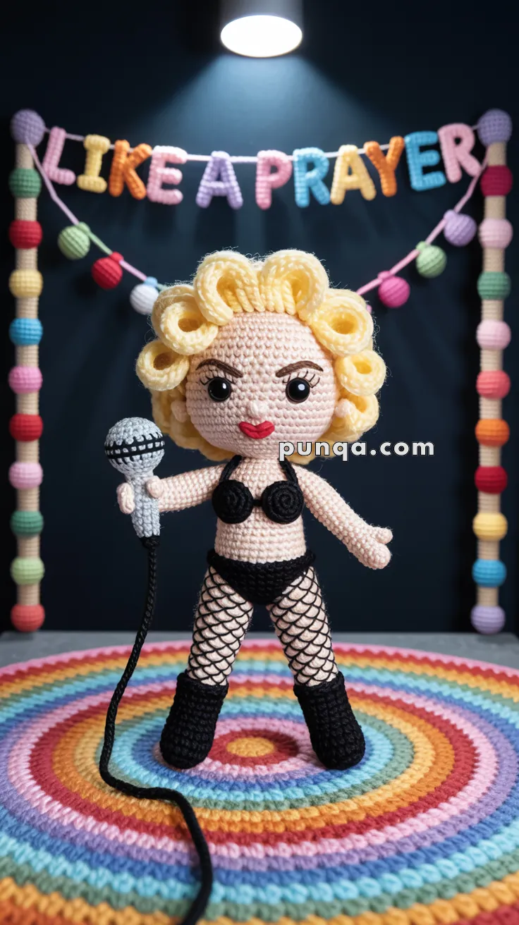 A crocheted doll with curly yellow hair, wearing black lingerie and fishnet stockings, holds a microphone. It stands on a colorful crocheted rug with a backdrop that reads "LIKE A PRAYER" in multicolored letters.