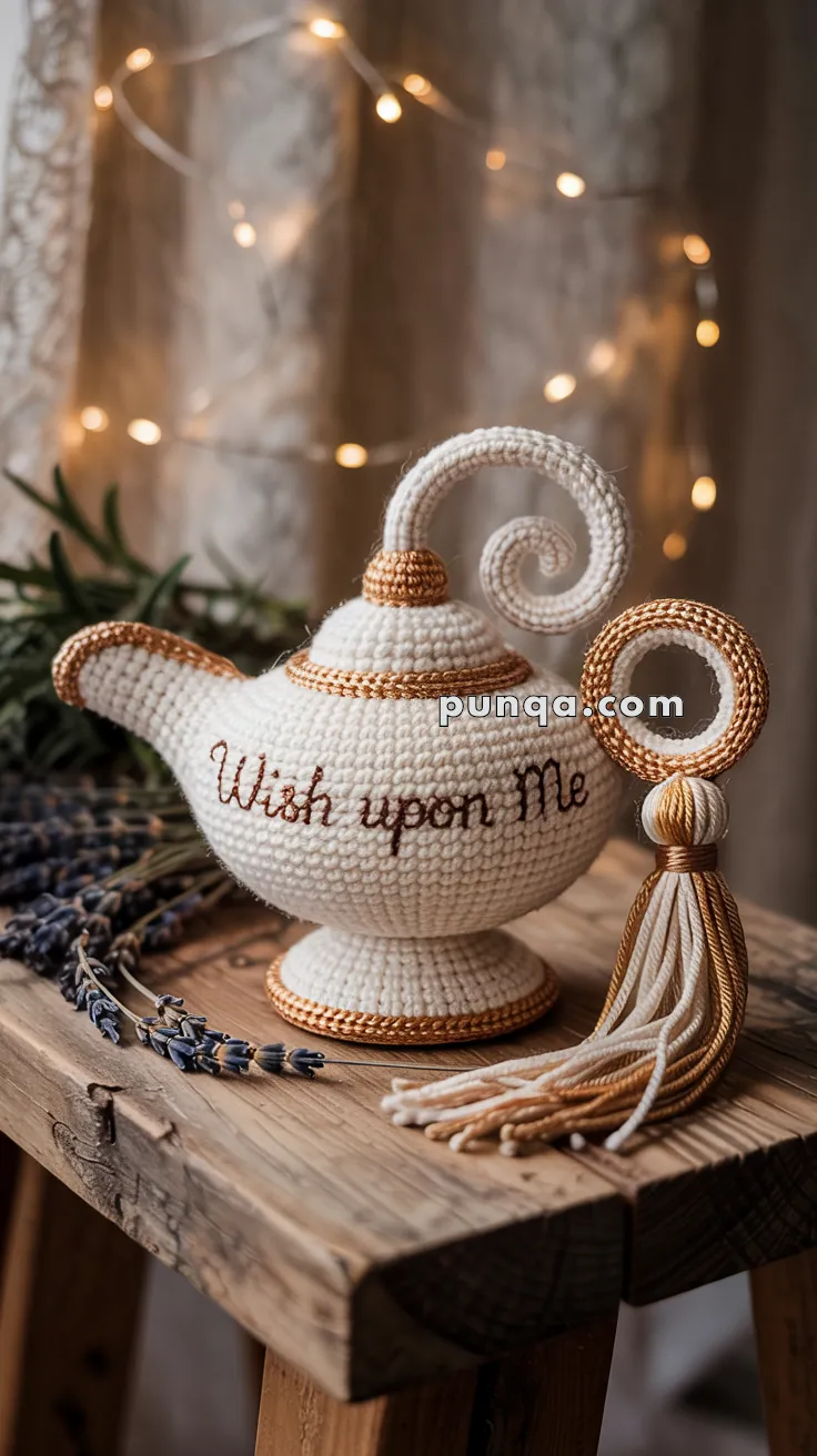 A decorative crochet teapot with the phrase "Wish upon Me" embroidered on it, placed on a wooden table with lavender sprigs, surrounded by warm fairy lights in the background.