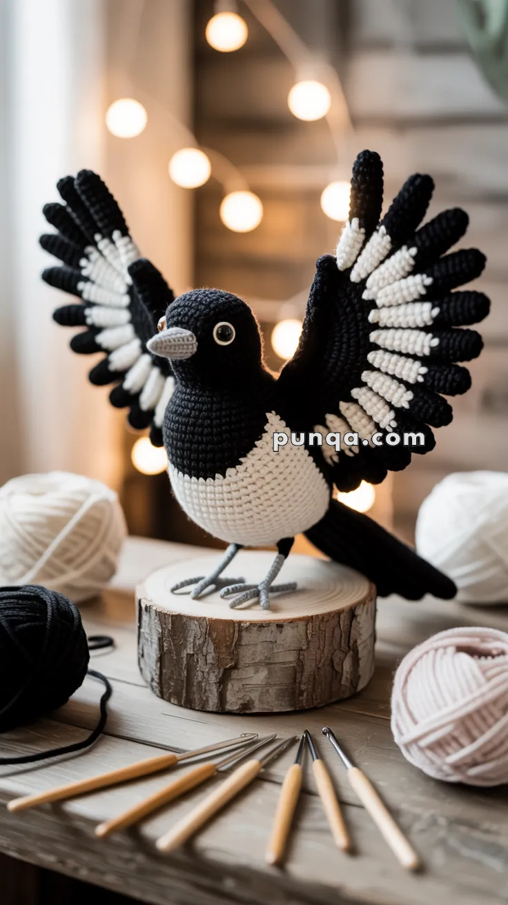 A crocheted magpie with black and white wings is perched on a wooden stand, surrounded by yarn balls and crochet hooks, with soft fairy lights in the background.
