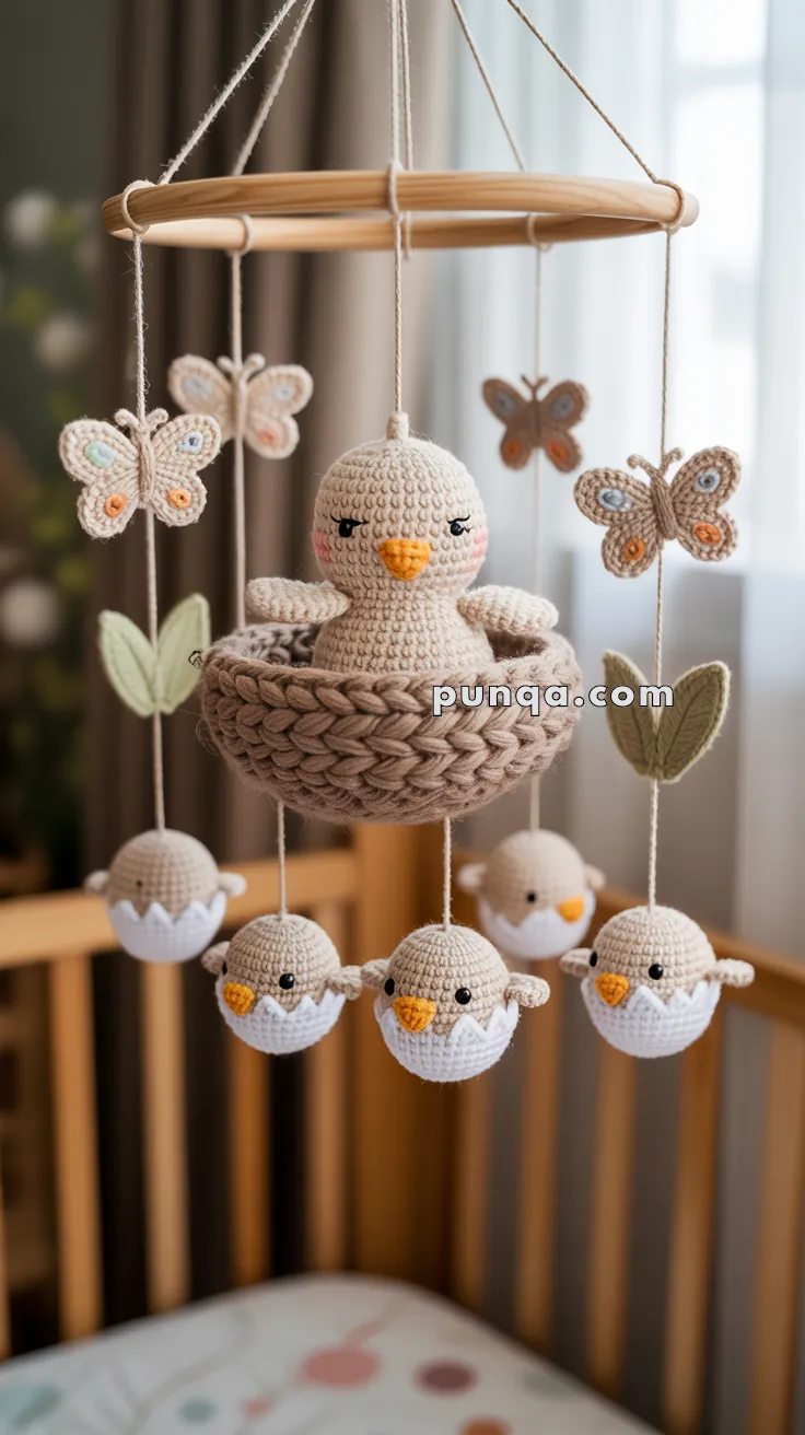 A handmade crocheted mobile featuring a large bird in a nest at the center, surrounded by smaller birds hatching from eggs, butterflies, and leaves, hanging over a crib.