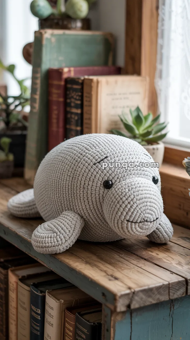 A knitted manatee plush toy on a wooden shelf surrounded by books and a few potted succulents.