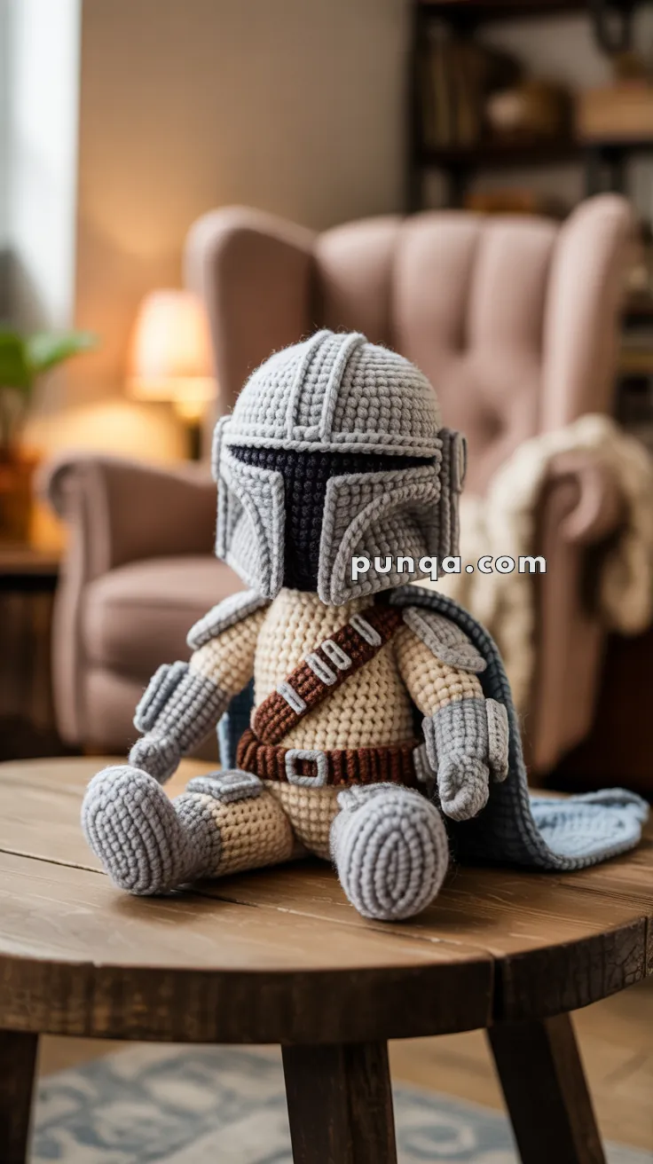 A crocheted doll dressed in a space warrior outfit, including a helmet and a cape, sitting on a wooden table with a cozy room in the background.
