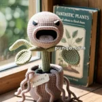 A crocheted plant with an open-mouthed, angry expression sits in a pot labeled "BEWARE," placed on a wooden windowsill next to a book titled "Fantastic Plants."