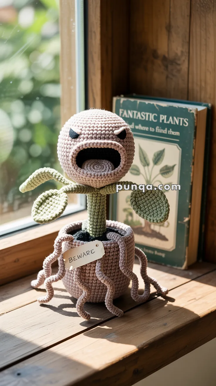 A crocheted plant with an open-mouthed, angry expression sits in a pot labeled "BEWARE," placed on a wooden windowsill next to a book titled "Fantastic Plants."
