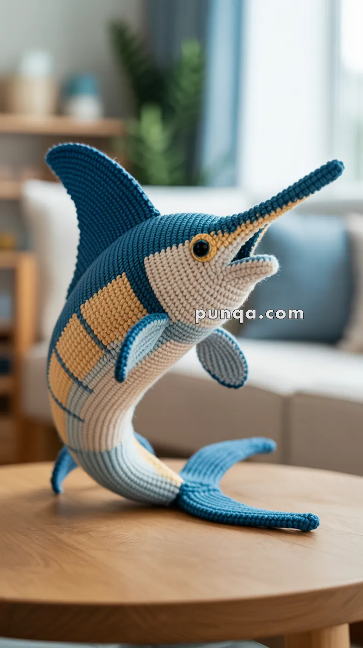 A crocheted marlin fish in blue and beige colors displayed on a wooden table, with a blurred living room background.