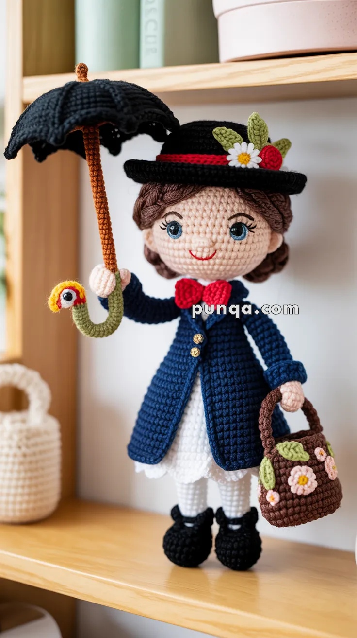 A crocheted doll dressed in a blue coat, white skirt, and black shoes, holding a black umbrella and a floral handbag, standing on a wooden shelf.