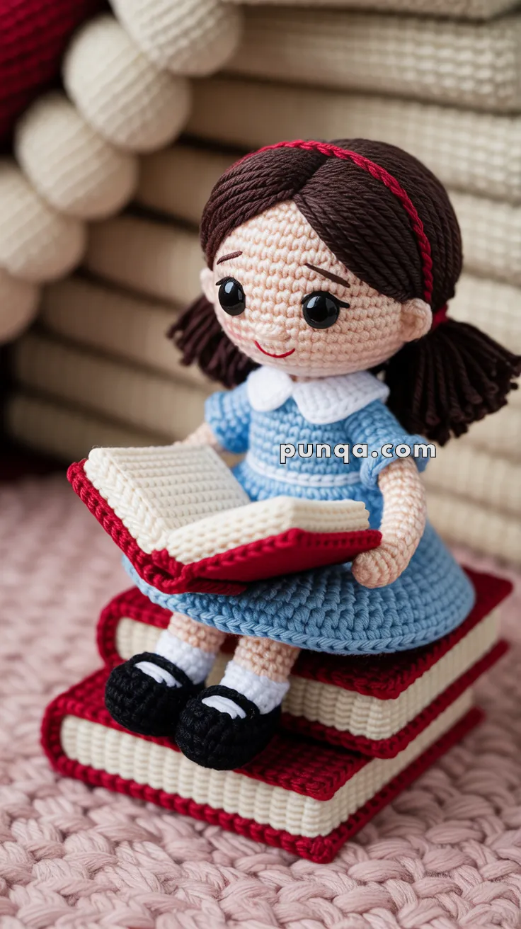 A crocheted doll with brown hair and pigtails, wearing a blue dress and black shoes, is sitting on two crocheted books while holding an open crocheted book.