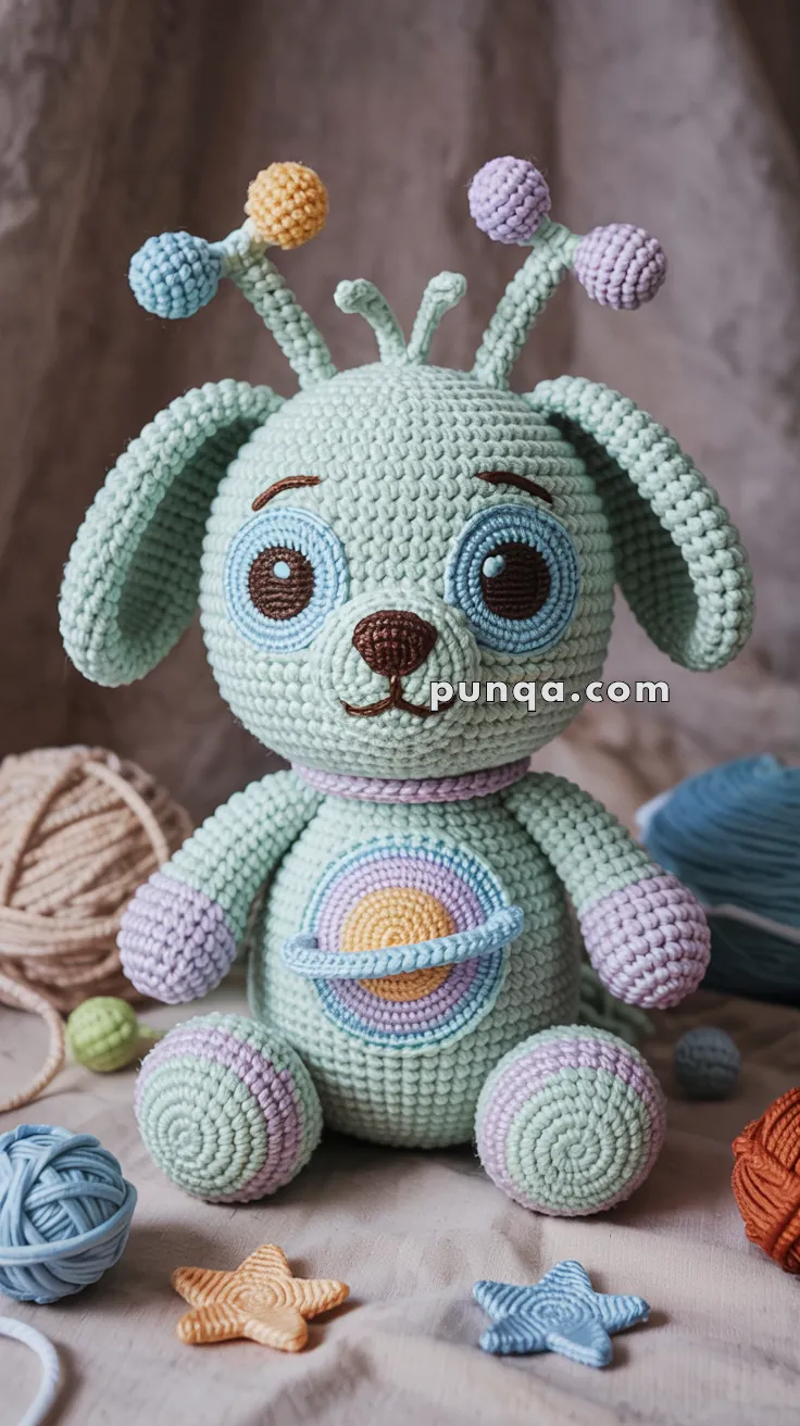 A crocheted plush toy resembling a dog with pastel colors, featuring blue and purple antennas, large round ears, and a colorful Saturn-like planet design on its belly. It is surrounded by yarn balls and small crocheted starfish on a textured surface.