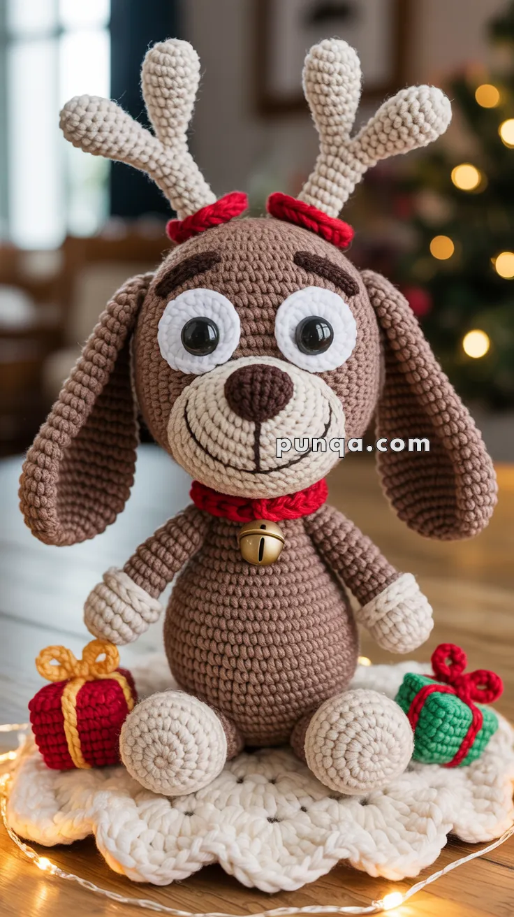 A crocheted dog with reindeer antlers, sitting on a white knitted mat with small gift boxes beside it, adorned with a red collar featuring a bell, is placed against a blurred cozy indoor background with lights.