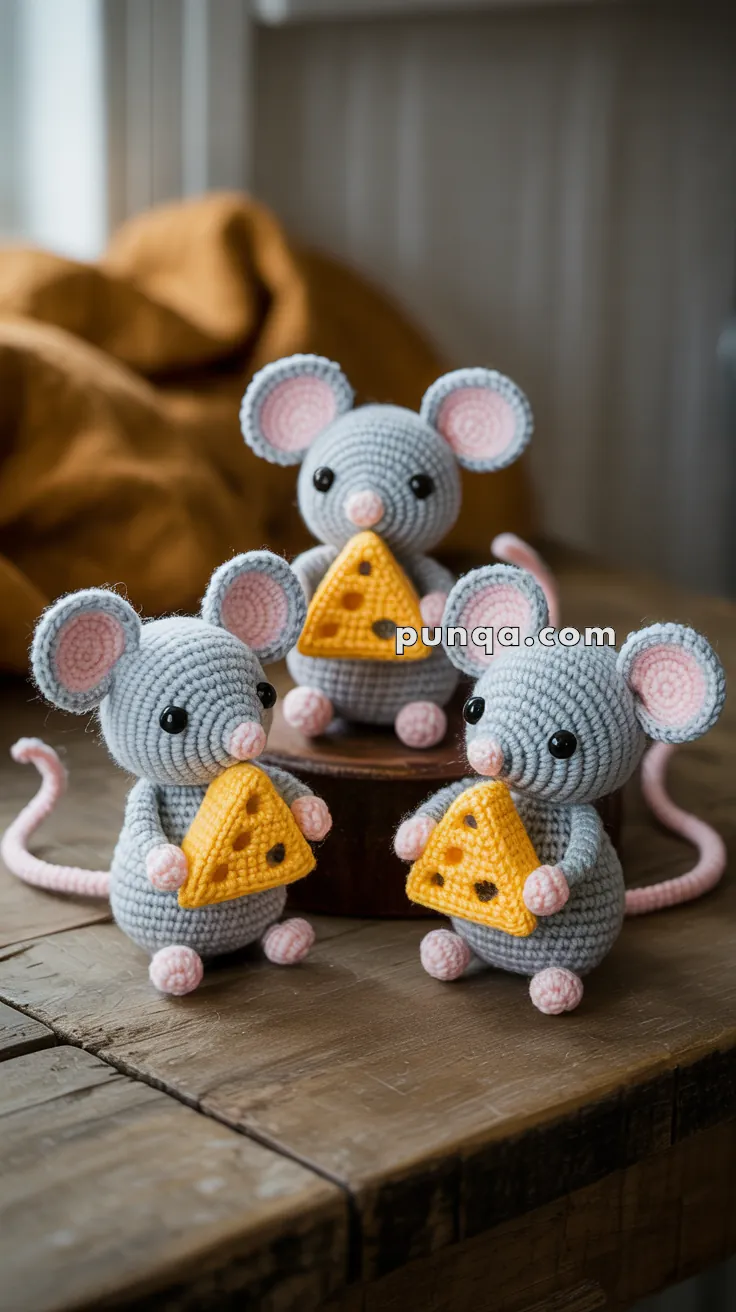 Three crocheted gray mice with pink ears and feet, each holding a small triangular piece of crocheted cheese, are placed on a wooden surface with a brown fabric in the background.