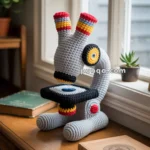 A crocheted model of a microscope in gray with colorful accents, placed on a wooden table near a window, surrounded by books and a small potted plant.