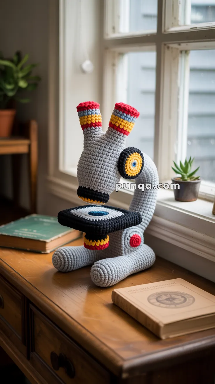 A crocheted model of a microscope in gray with colorful accents, placed on a wooden table near a window, surrounded by books and a small potted plant.