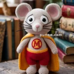 A handmade crocheted mouse doll wearing a superhero outfit, including a red and yellow cape, red shorts, and a chest emblem with the letter 'M', standing upright on a rustic wooden surface with books in the background.
