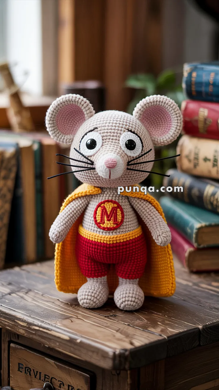 A handmade crocheted mouse doll wearing a superhero outfit, including a red and yellow cape, red shorts, and a chest emblem with the letter 'M', standing upright on a rustic wooden surface with books in the background.