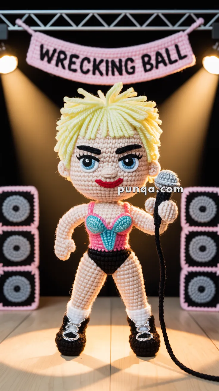 A crocheted doll with short blonde hair, holding a microphone, and standing on a stage with a banner reading 'Wrecking Ball' above. The doll is dressed in a colorful outfit, in front of a background that includes crocheted speakers.