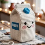 A crocheted milk carton with a smiling face, featuring blushing cheeks and a blue "MILK" label, sitting on a wooden table with a cozy, softly lit background.