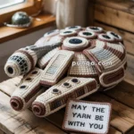 A crocheted spacecraft resembling the Millennium Falcon rests on a wooden table next to a small sign that reads "May the yarn be with you." The setting includes a window and decorative fairy lights.