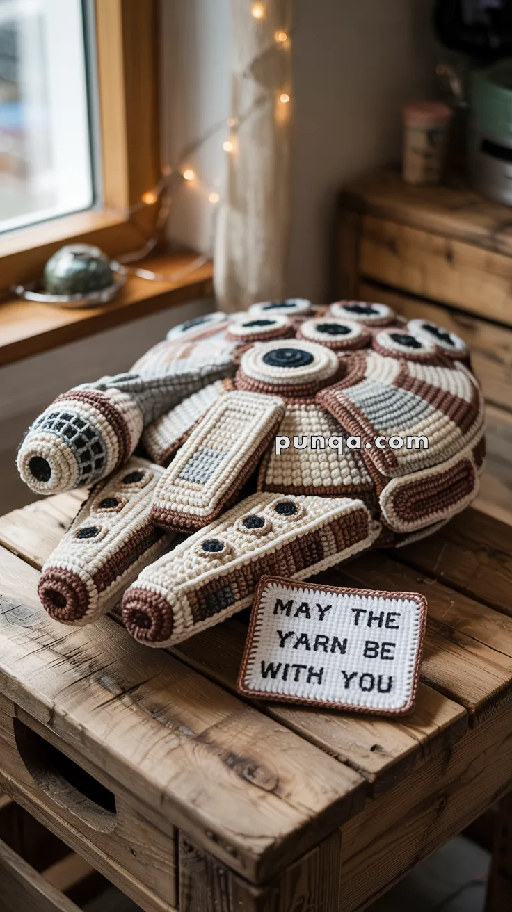 A crocheted spacecraft resembling the Millennium Falcon rests on a wooden table next to a small sign that reads "May the yarn be with you." The setting includes a window and decorative fairy lights.