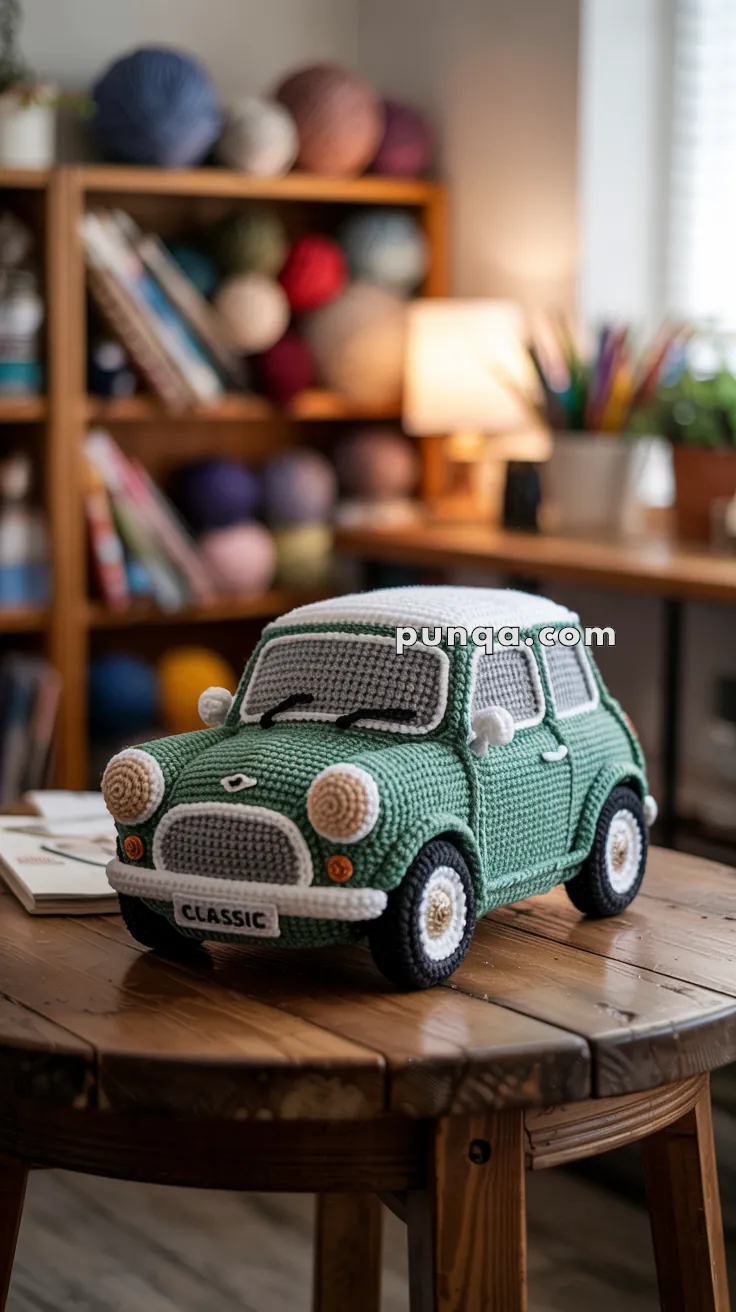 A crocheted model of a classic mini cooper car, in green with white roof and detailing, placed on a wooden table in a cozy room with yarn and books on shelves in the background.
