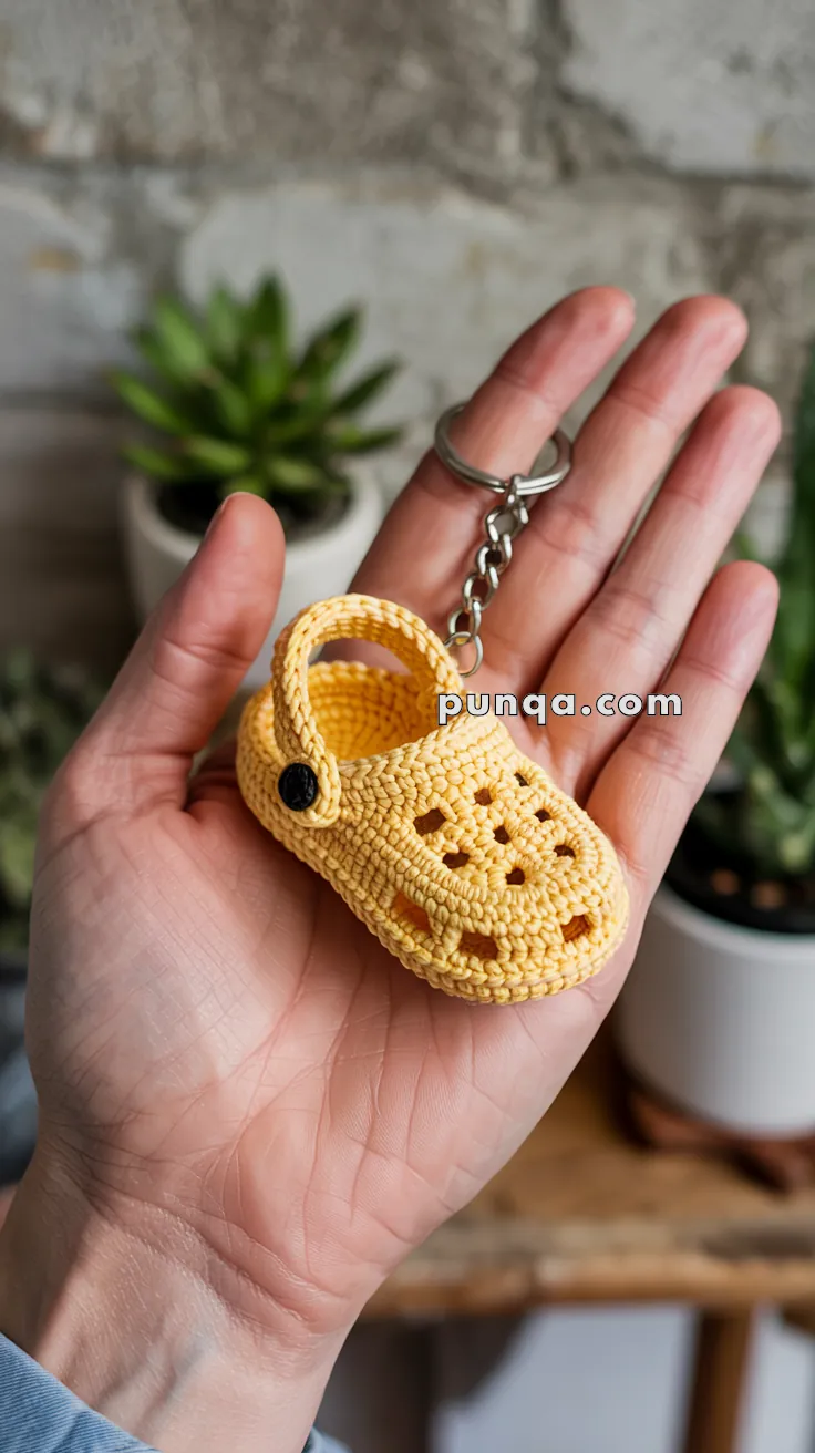 A hand holding a keychain that features a small, yellow, crochet sandal resembling a clog with a strap and decorative holes.