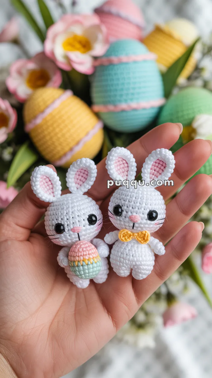 Two crocheted white bunny dolls with pink ears and black eyes, one holding a colorful Easter egg and the other wearing a yellow bow tie, held in a person's hand with pastel-colored Easter eggs and flowers in the background.