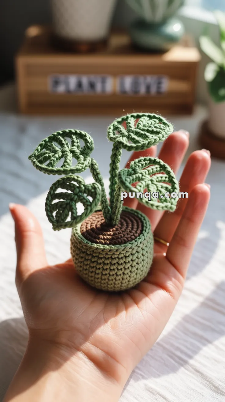 Crocheted Monstera plant placed in a small crocheted pot, held in a person's hand, with a blurred background showing a wooden box labeled "PLANT LOVE" and other succulents.
