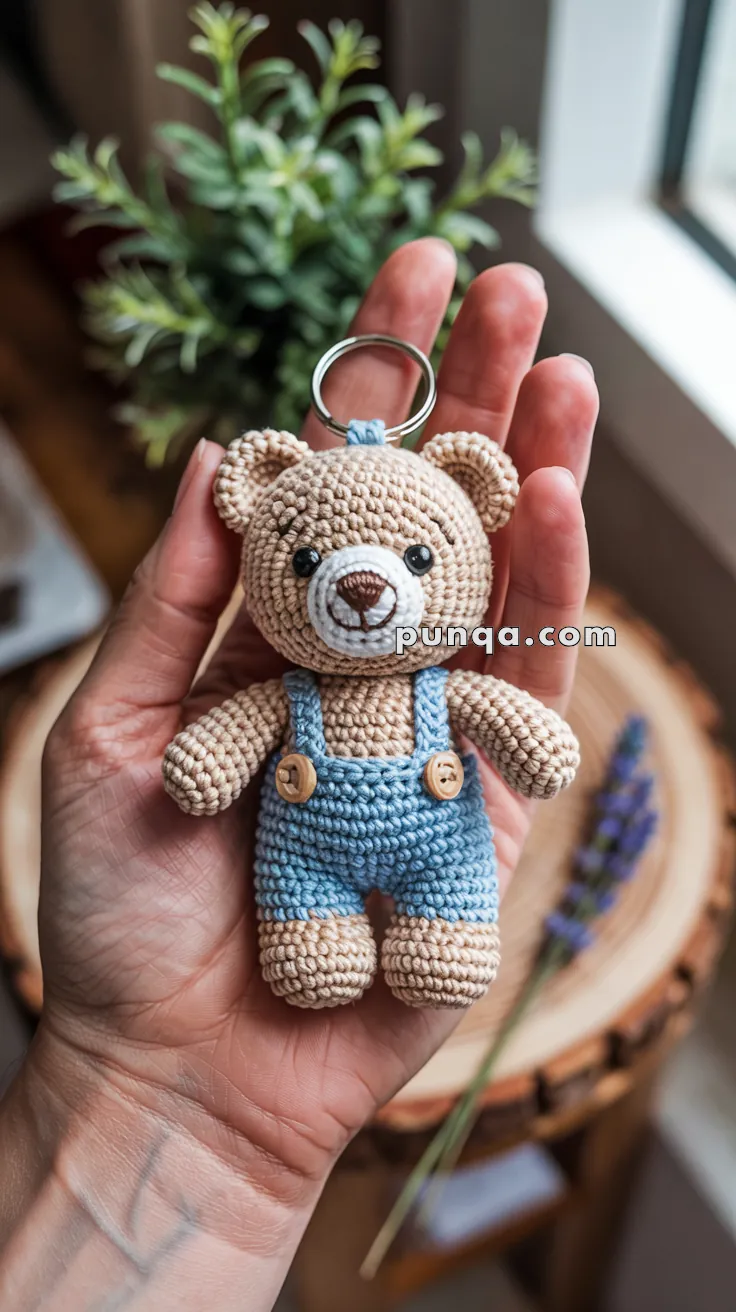 A hand is holding a crocheted teddy bear keychain wearing blue overalls, with a plant and window in the blurred background.