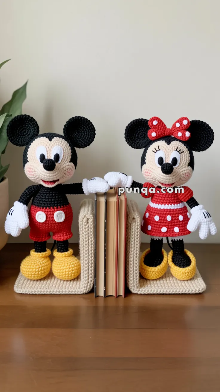 Crocheted Mickey and Minnie Mouse bookends holding books upright on a wooden surface.