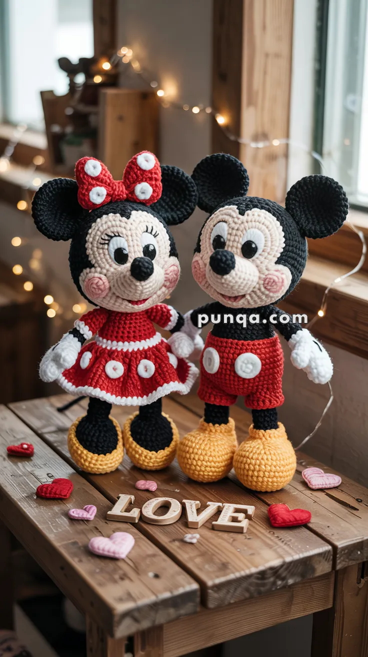 Crocheted dolls resembling classic cartoon characters, dressed in red outfits with white polka dots, standing on a wooden table surrounded by heart-shaped decorations and the word 'LOVE' spelled out with wooden letters.