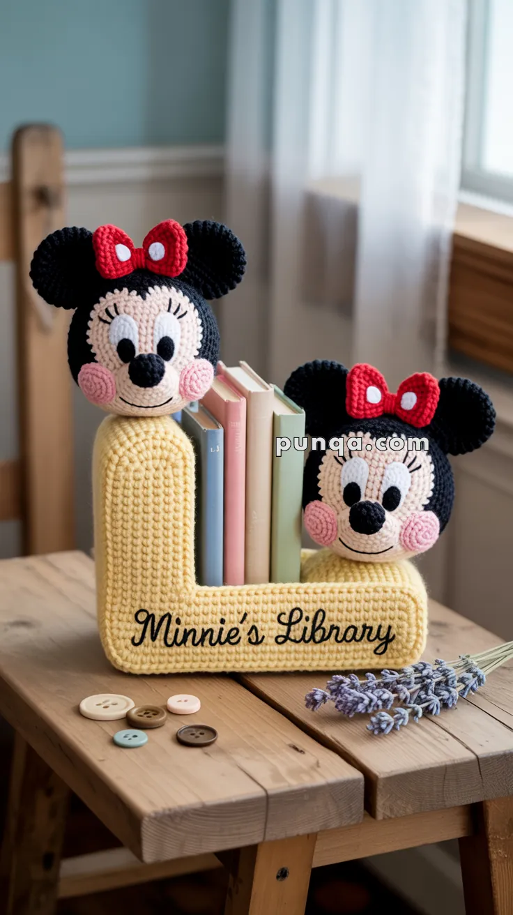 Crocheted bookends featuring two Mickey Mouse-inspired faces with red bows, labeled "Minnie's Library," holding books on a wooden table with buttons and a sprig of lavender nearby.