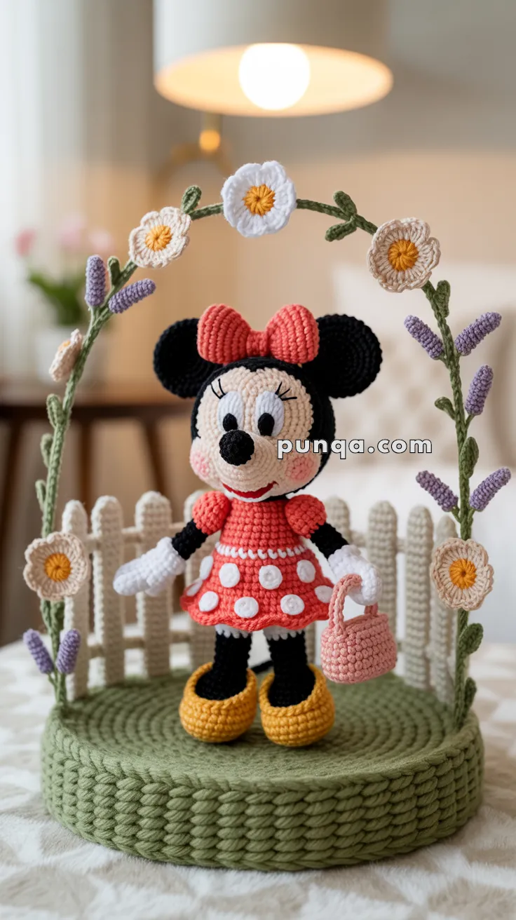Crocheted doll resembling a cartoon character with round ears, wearing a red polka-dot dress and red bow, standing on a green base with crocheted flowers and a white picket fence.