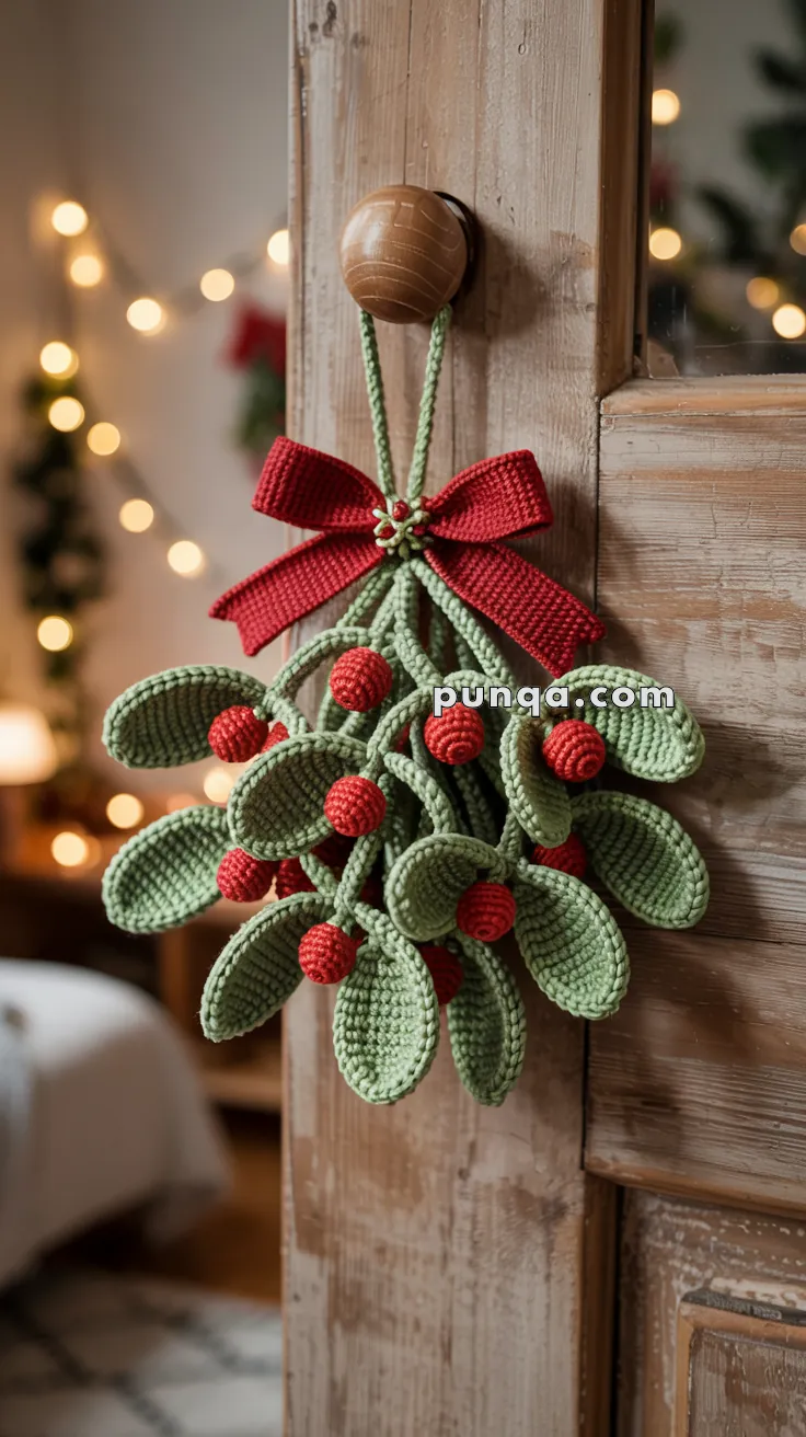 A crocheted mistletoe with green leaves and red berries, adorned with a red bow, hanging on a wooden door handle in a festive setting with blurred lights in the background.
