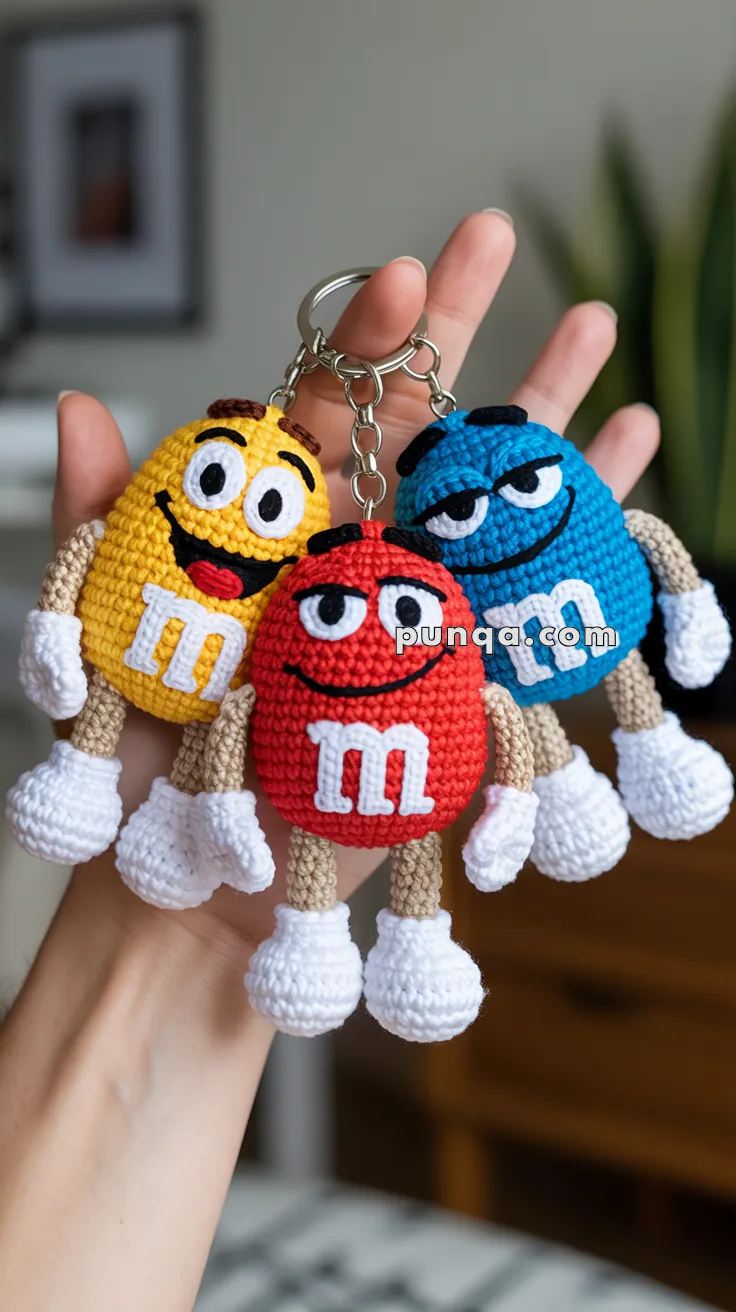 Crocheted keychains of M&M's characters in yellow, red, and blue, each featuring cartoon faces, held in a person's hand with a background of a blurred room.