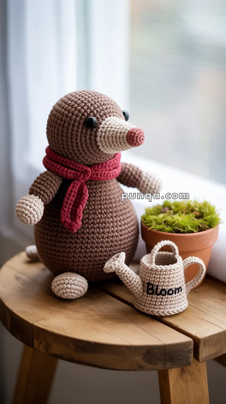 A crocheted mole toy wearing a red scarf is sitting on a wooden stool beside a potted plant and a small crocheted watering can labeled "Bloom."