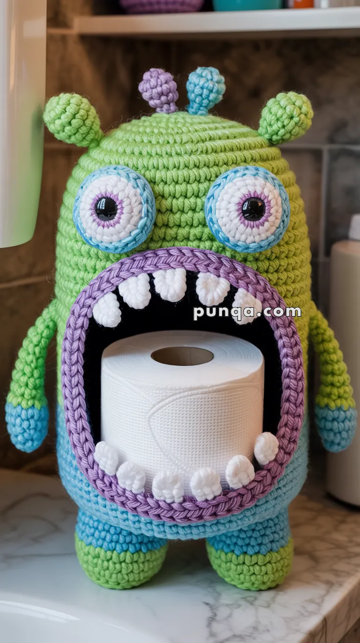 A crochet monster design with large eyes and a wide open mouth that holds a roll of toilet paper, placed on a bathroom countertop.