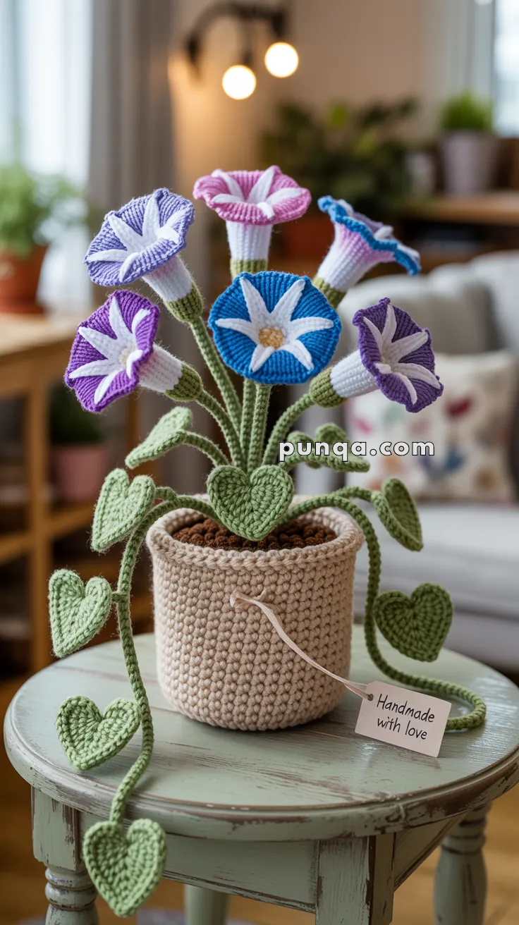 A crocheted potted plant featuring colorful flowers with white star patterns, green stems, and heart-shaped leaves, placed on a wooden table with a tag reading 'Handmade with love.'