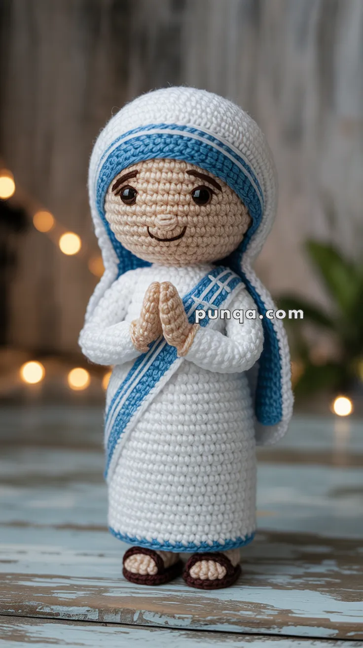 A crocheted doll with a smiling face and hands together in a praying position, dressed in a white robe with blue trim and a matching headscarf, standing on a wooden surface with blurred lights in the background.